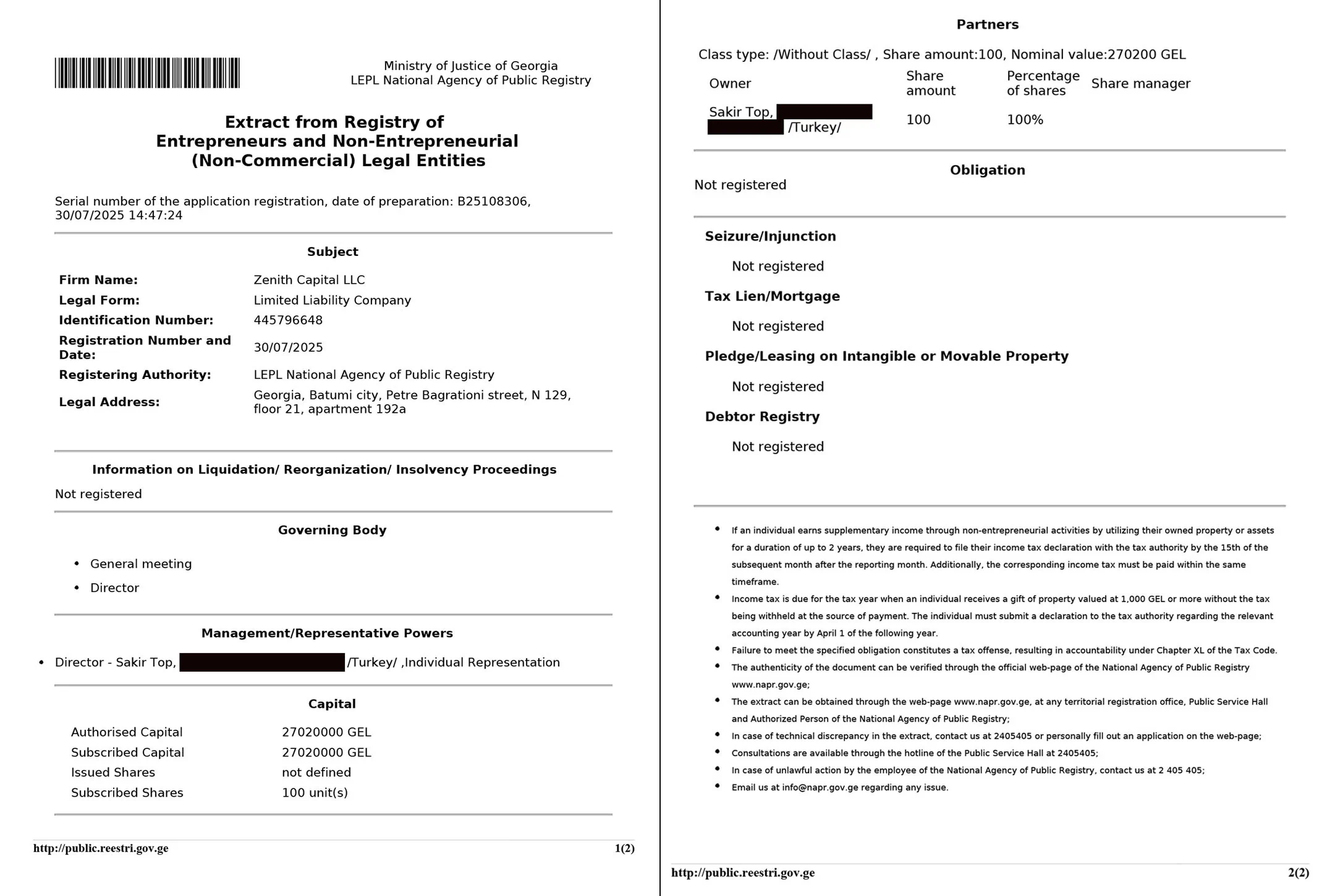 Zenith Capital LLC Gürcistan Kamu Sicili şirket kayıt belgesi