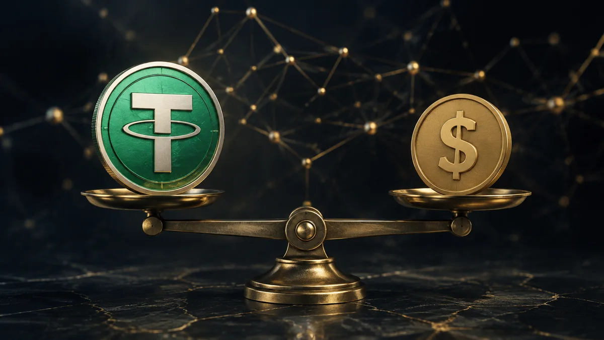 USDT ve dolar hedefini temsil eden denge terazisi ve blokzincir bağlantıları